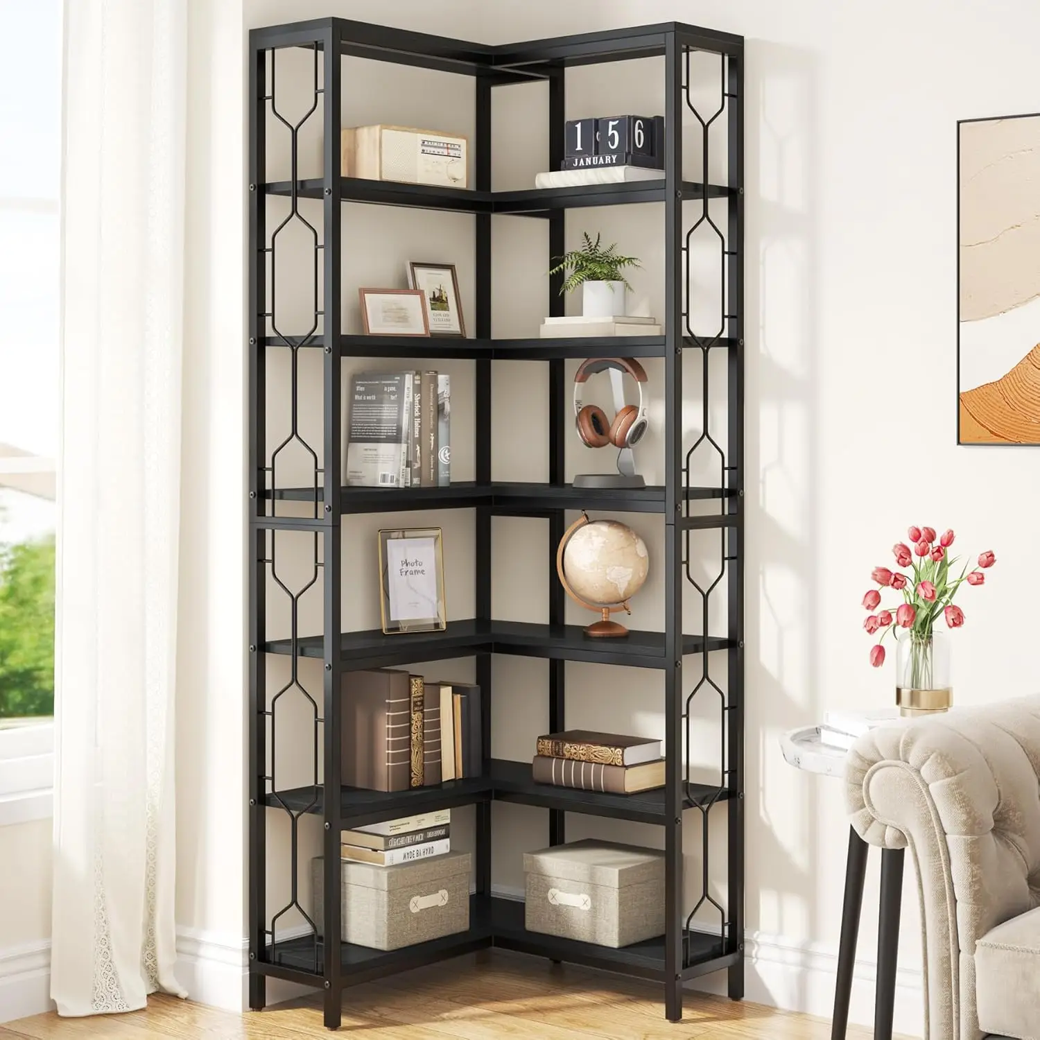Corner Shelf, 7-Tier Industrial Corner Bookshelf, Wood And Metal Corner Etagere Bookcase, Freestanding Display, Customized