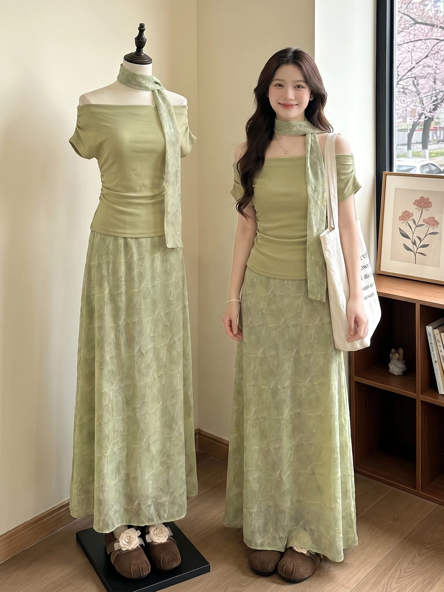 

plus Size Summer Fashion Set Beautiful Green Wooden System Two Piece Dress Women's Regular Sleeve Length Short Sleeve T-Shirt