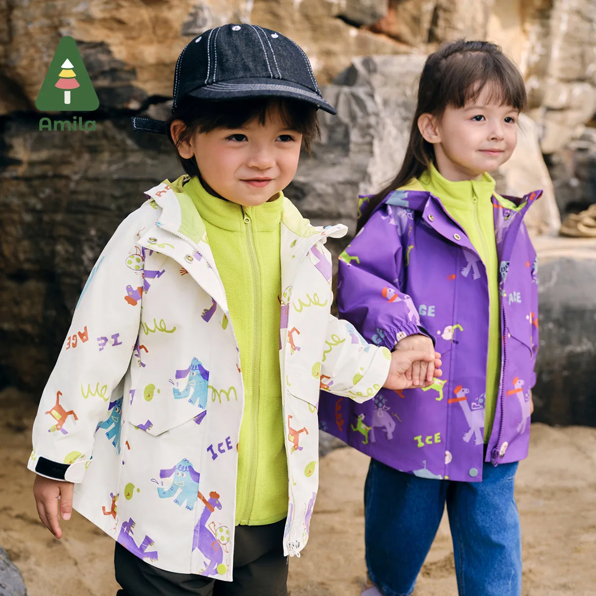 Amial Baby Jacket 2024 Autumn New Boys And Girls Three-Proof Anti-Static Outdoor Sports Hooded Cartoon Casual Children’s Jacket