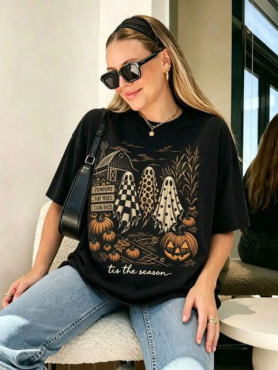 Tis The Season Ghost Trio PNG, Pumpkin Patch Ghosts Design,Farmhouse Halloween PNG,Checkered Leopard Polka Dot Ghosts,Fall Shirt Design