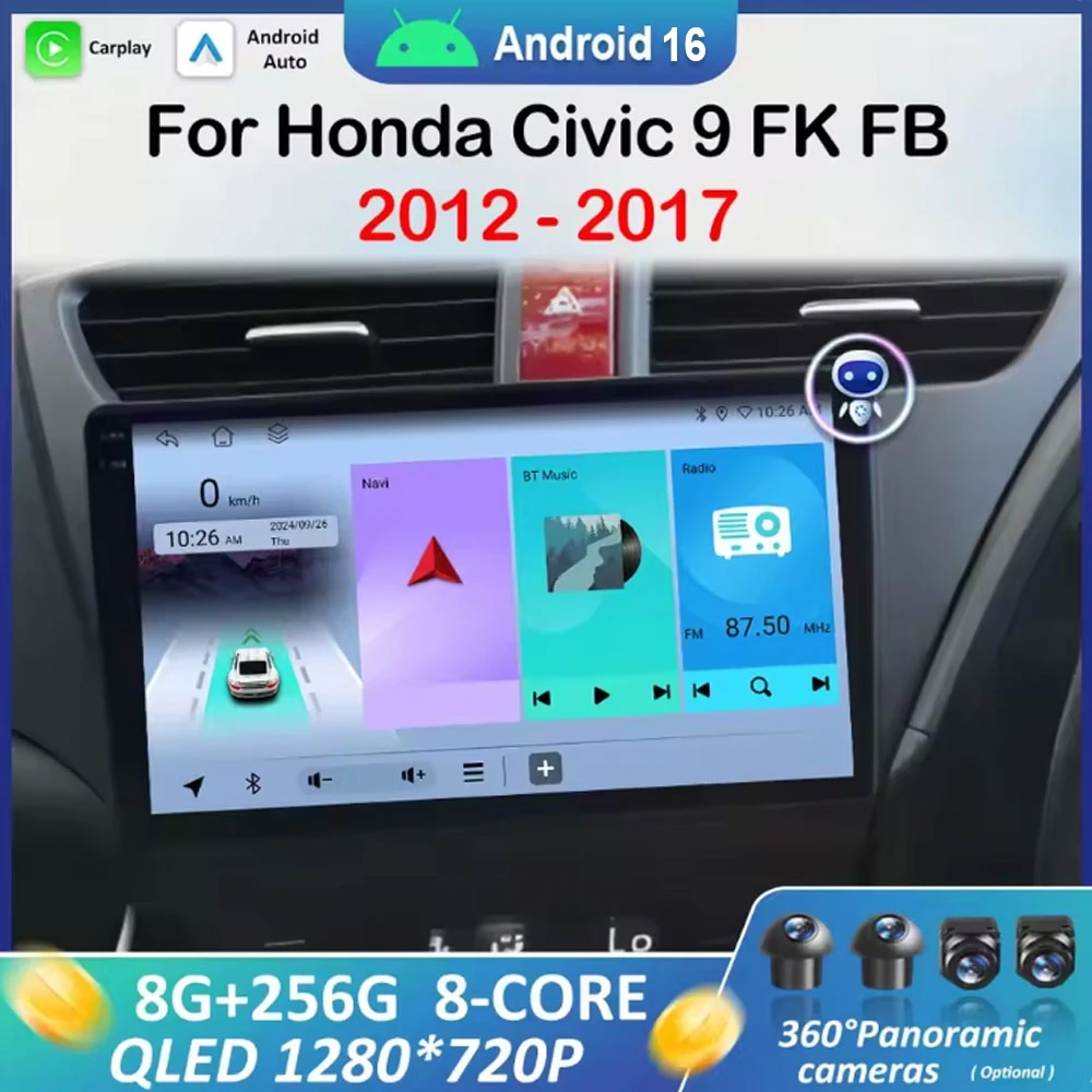 

Автомобильный мультимедийный плеер для Honda Civic 9 FK FB 2012-2017, Android 16, беспроводной Carplay, WiFi, головное устройство, автомагнитола