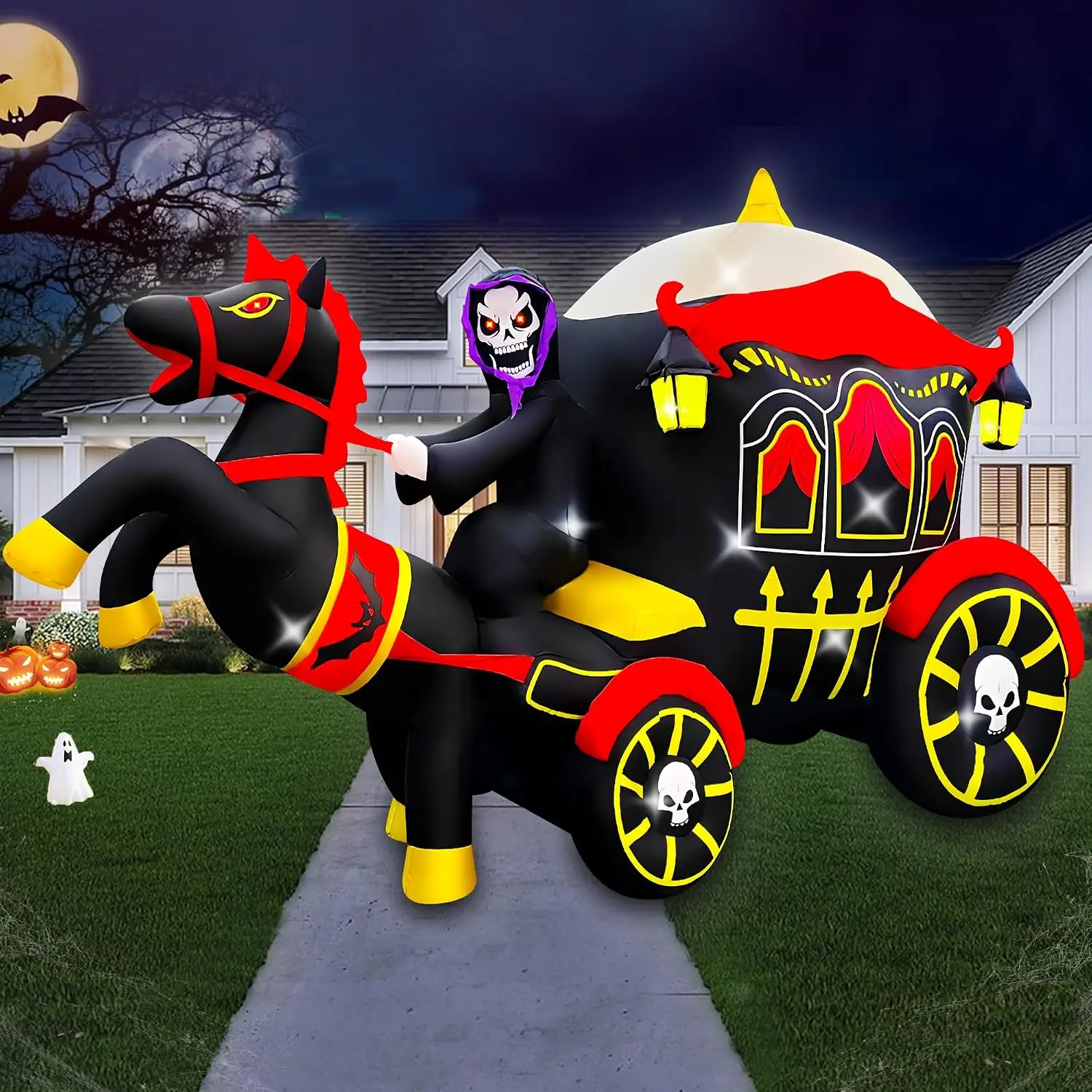 10FT Long Halloween Inflatable Horse Carriage Outdoor Decoration | Halloween Decoration Giant Blow Up Carriage with Grim Reaper