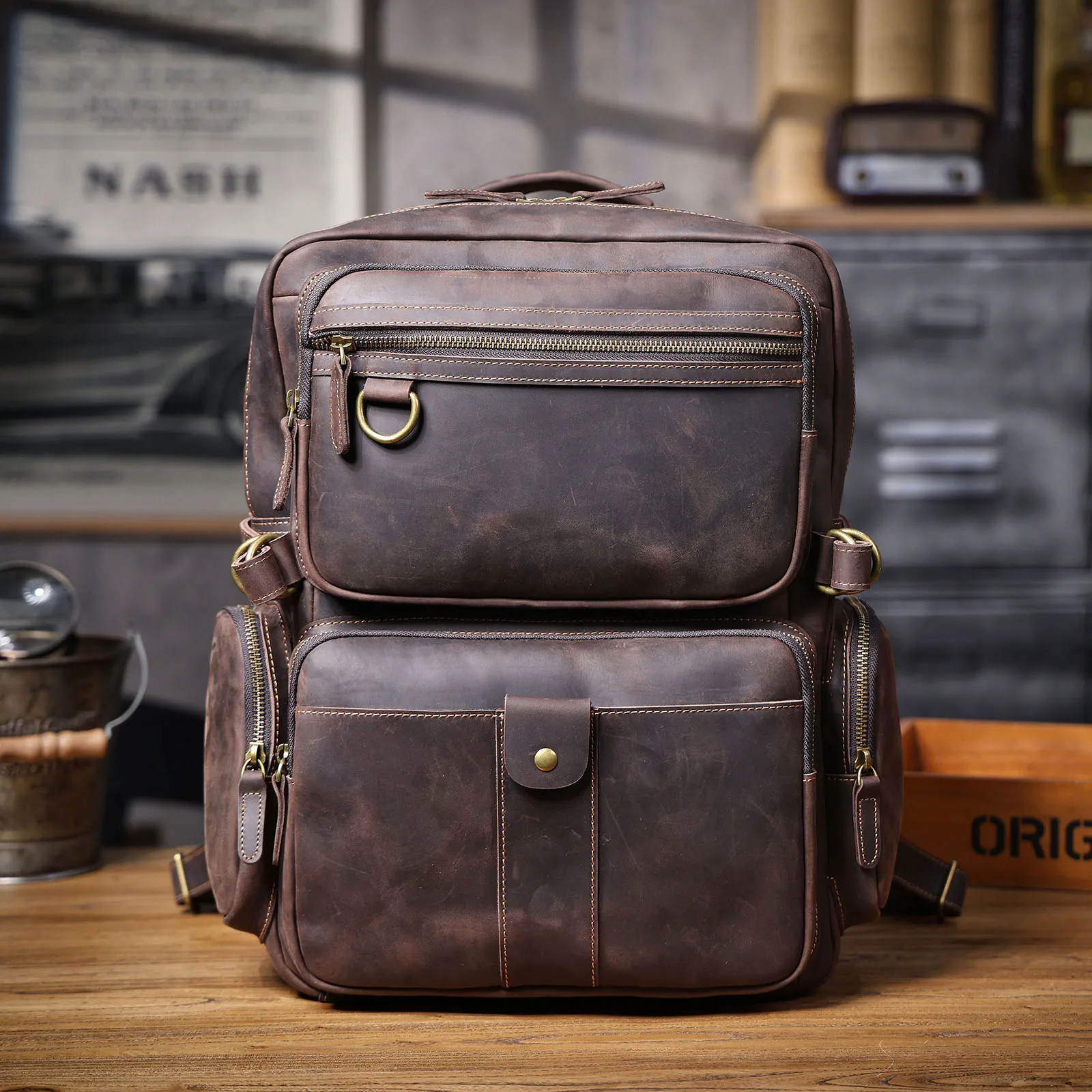 S.WORKER Vintage Echtleder-Rucksack Laptop-Tasche Casual Crazy-Horse-Leder Schultasche Outdoor-Reise-Weekender-Tasche – Detail 8