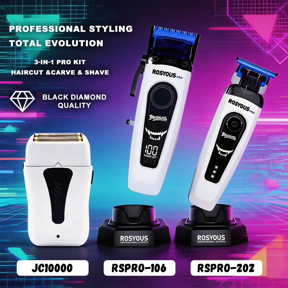 JUCAI ROSYOUS Men's Hair Clipper Combo Set with Base Charger Professional Cutting Machine Beard Trimmer JC10000 RSPRO-106 620