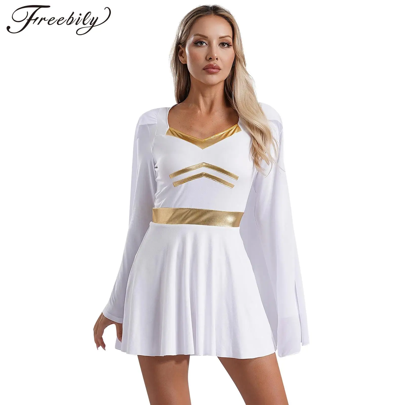 Women Halloween Movie Characters Starlight Cosplay Costume Ancient Greek Roman Role Play Toga Long Sleeve Chiffon Cape Dress