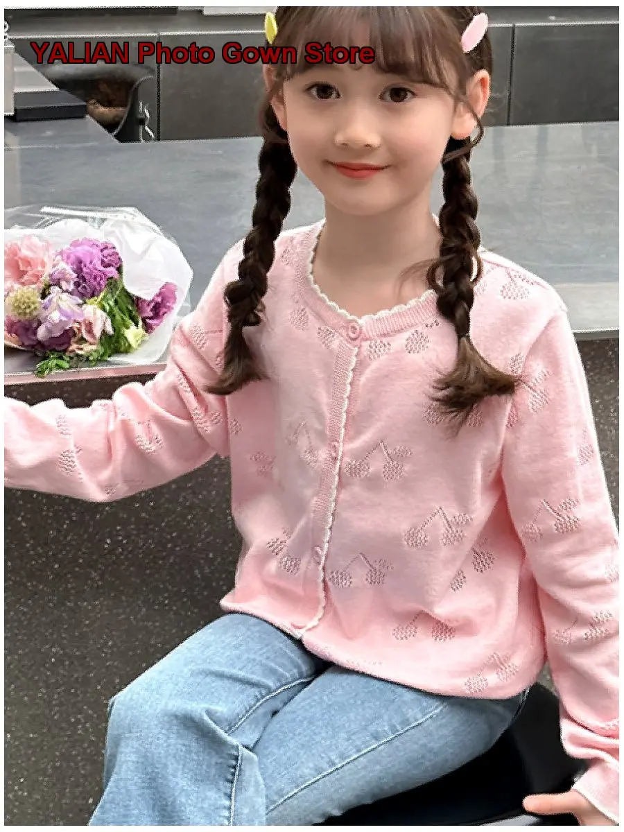Girls Knit Cardigan Kids Spring 2026 Early Spring Pure Cotton Hollow Out Outerwear Top Autumn