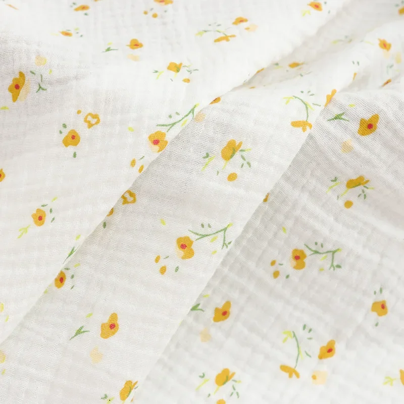 Double-layer Crepe Printing, Small Yellow Flower Printing Fabric, Baby Saliva Towel, Pajamas, Climbing Clothes Fabric.