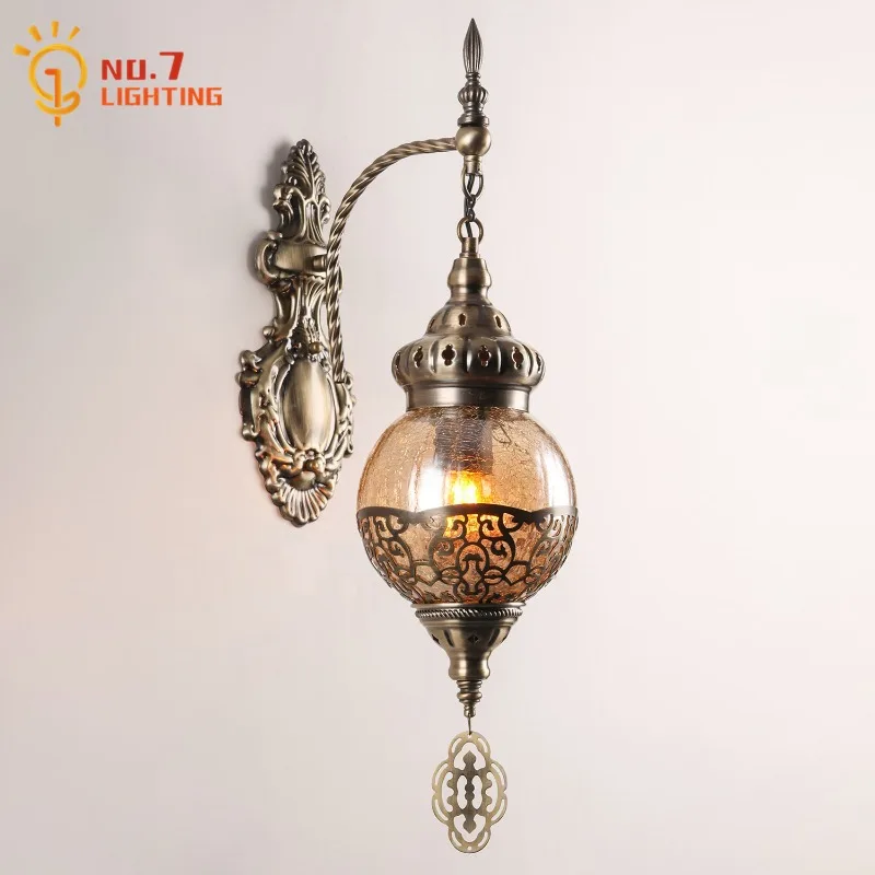 Southeast Asian Exotic Vintage Wall Lamp LED E27 Iron Art Glass Wall Mounted Hotel Bedroom Bedside Restaurant Bar Studio Salon