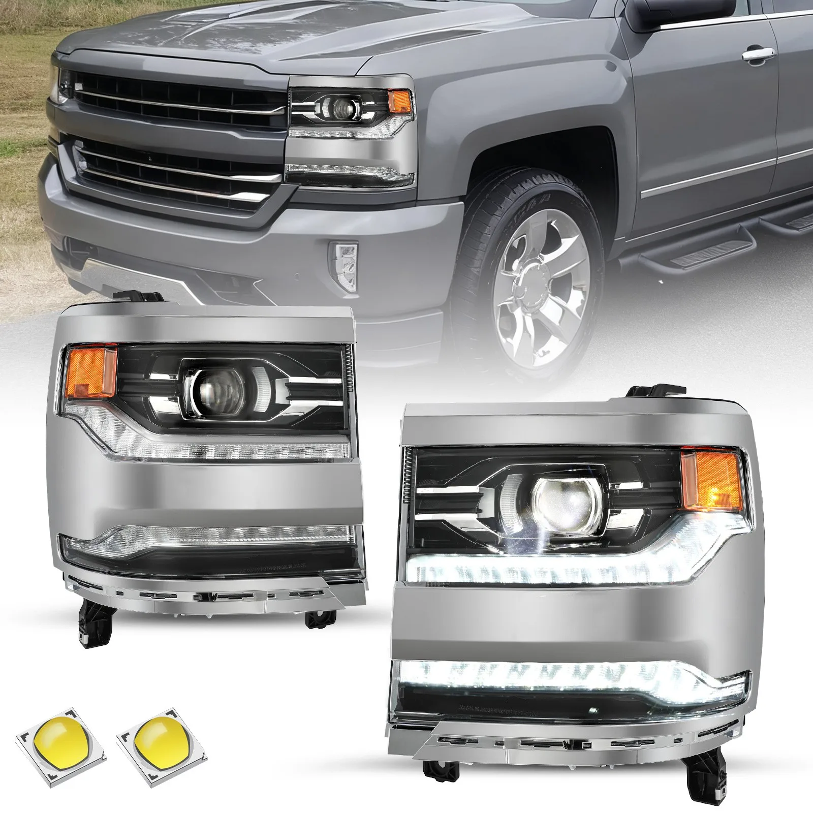 

Pair Full LED Headlights Assembly for Chevy Silverado 1500 2016 -2019 Chrome Housing W/LED DRL Projector Headlamp Assembly