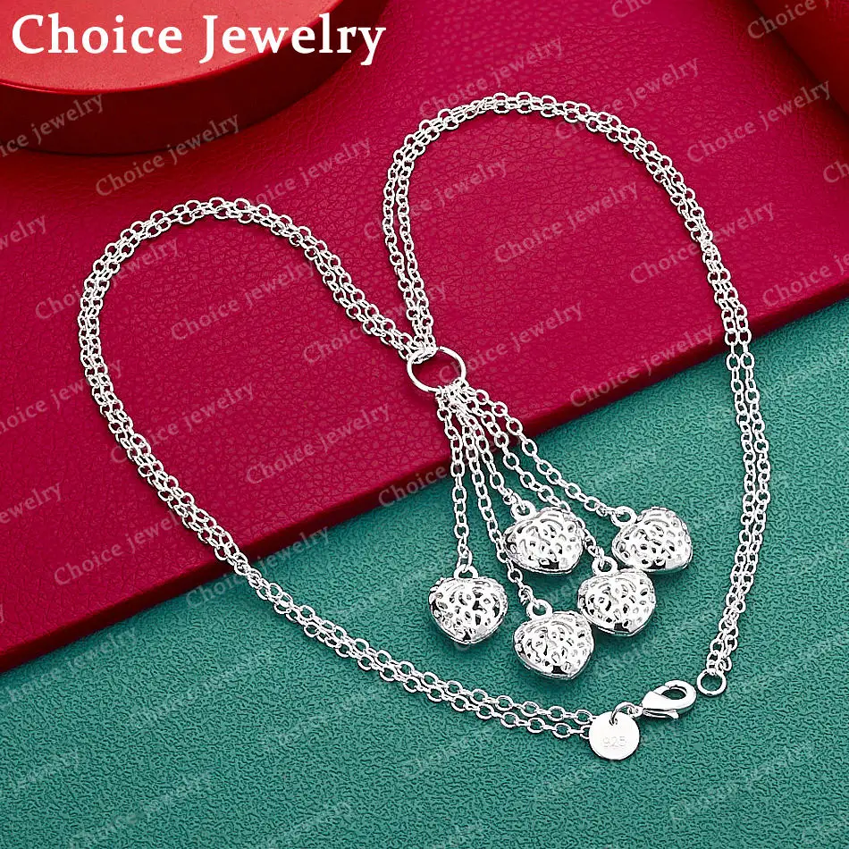 925 Sterling Silver 45cm Hollow Heart Tassel Necklace For Women Charm Trend Birthday Gifts Fashion Party