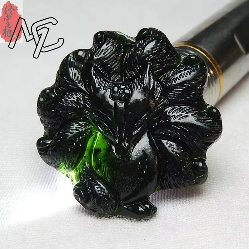 

Сертифицированный китайский натуральный черный зеленый нефритовый кулон Lucky Nine Tailed Fox, ожерелье, модные очаровательные украшения, амулет ручной работы, топ