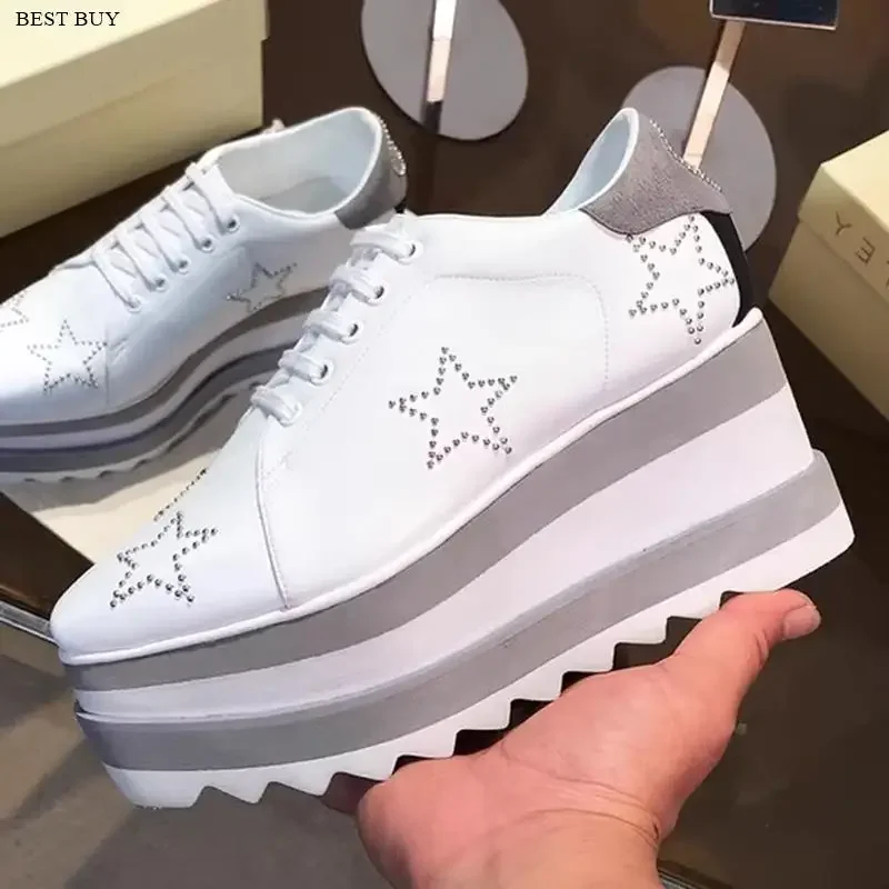 

2024 Height Increasing Star Rivet Shoes Classic Platform Rose Gold sneakers Mix Color Square Toe Wedge Shoes Lace Up Lady Shoes