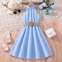 Summer Teenage Dresses For Kids Girls With Belted Halter Off Shoulder Formal Party Dress Children Girls Toddler Clothes 8-11y