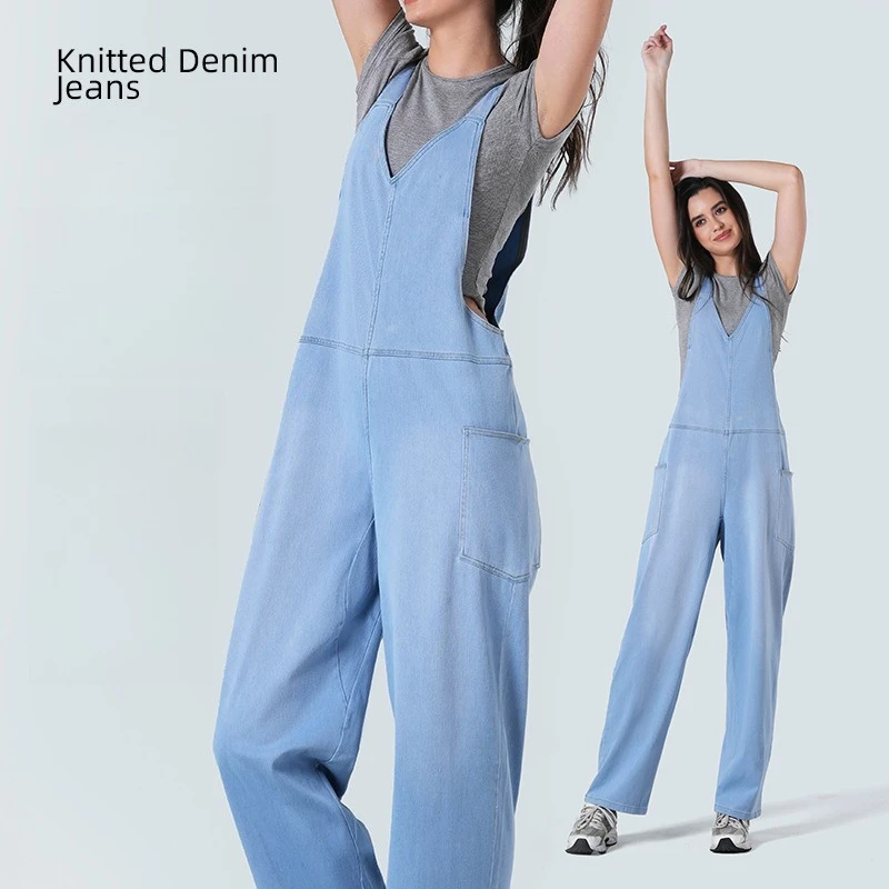 Denim Overalls Loose Wide Leg Bib Overalls V Neck Adjustable Straps Jumpsuit with Pockets Casual Summer Jean Overall for Ladies