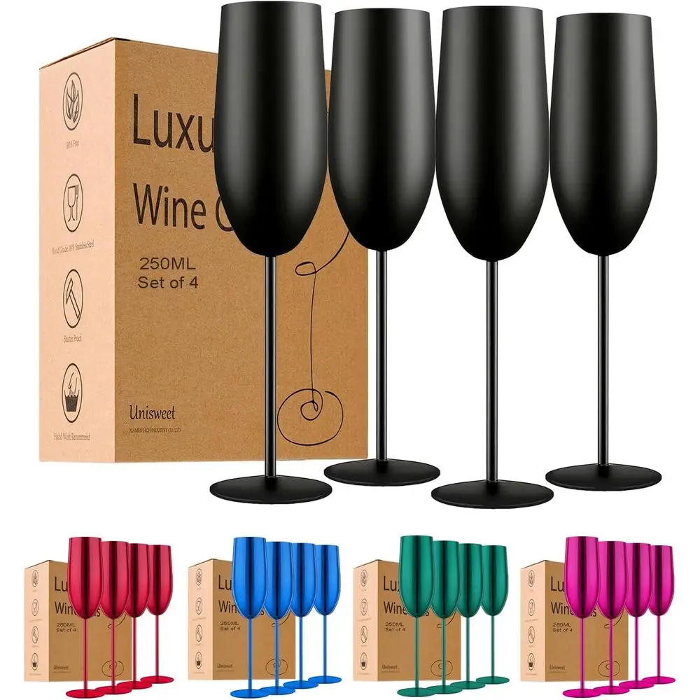 

Champagne Flutes Set of 4 - Wedding & Birthday Gifts, 8.5 Oz Unbreakable Glasses with Long Stem, Reusable Drinkware (Matte-Black