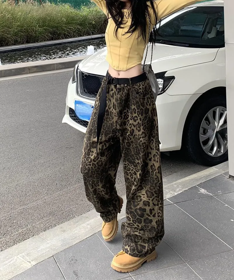 

Leopard Print Wide Leg Pants Casual Loose Cotton Jeans mid Waist Zipper Fly for Teenage Boys Autumn Season Comfortable Fit