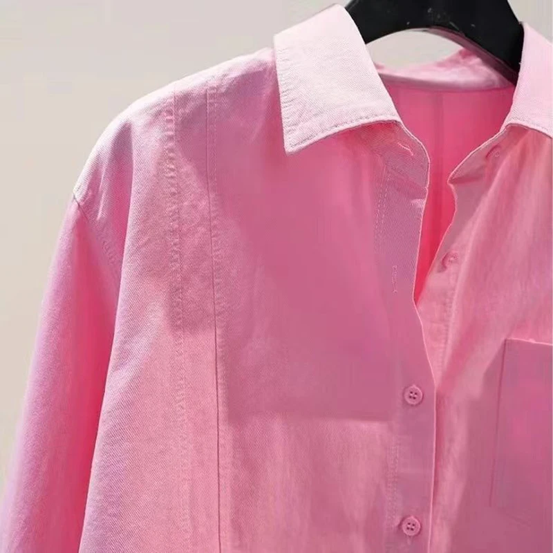 Turn-down Neck Pink Solid Long Sleeved Loose Shirt And Blouse Outerwear Clothing Top Casual Single Breasted Spring Simple OL New