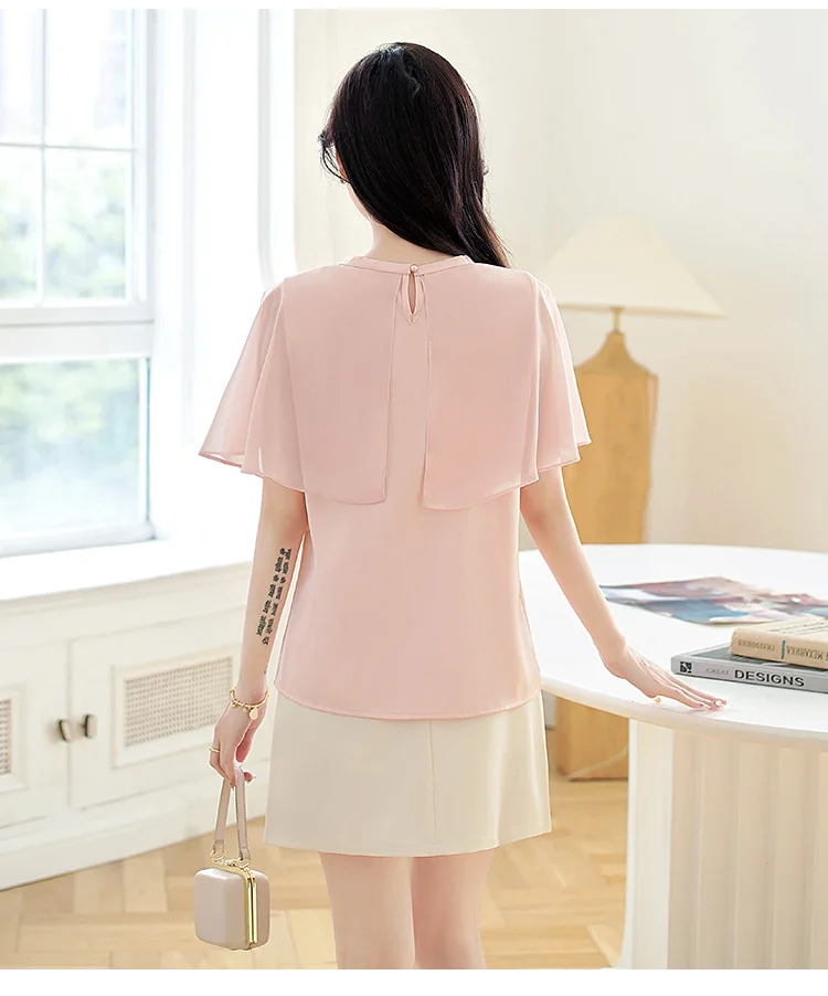 Mode 2026 Sommer Kurzarm O-Ausschnitt Süße Damenbluse Rosa Chiffon-Bluse Hemden Damen-Tops Blusas De Mujer Camisas N602 – Detail 13