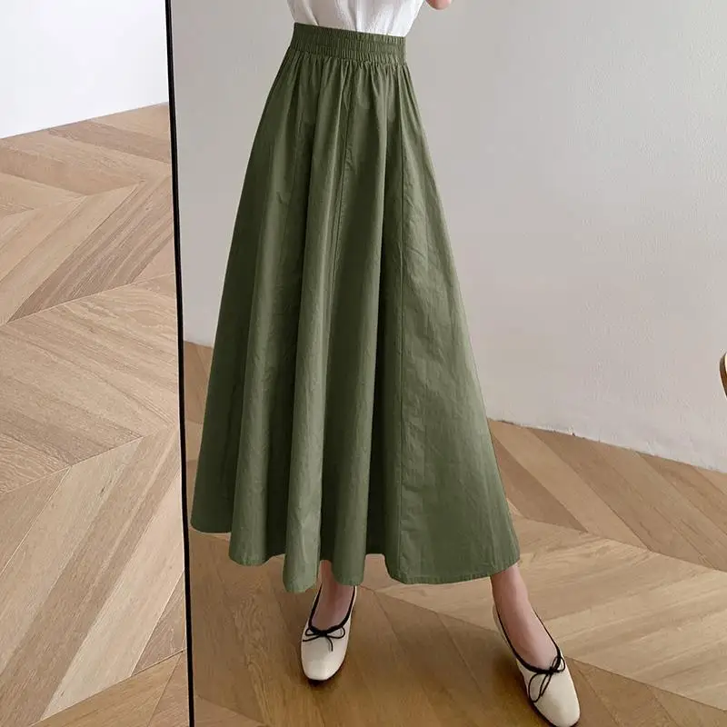 High-end Fashion Solid Color Large Swing Mid Length Skirt Women High  Summer Slim  Korean Casual All-match Lady Umbrella Skirt