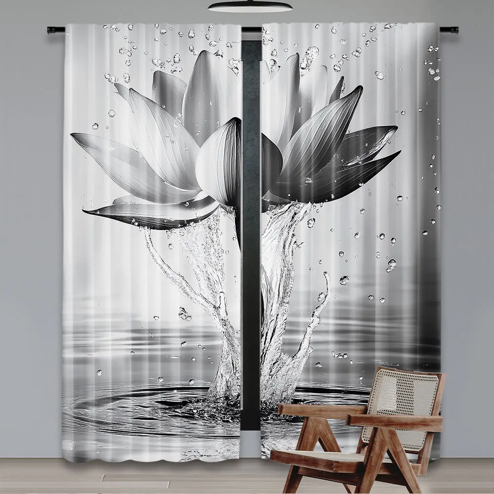 2Pcs Lotus Curtain Black White Grey Flower Elegant Blooming Floral With Dew Spring Flower On Water Modern Romantic Bathroom