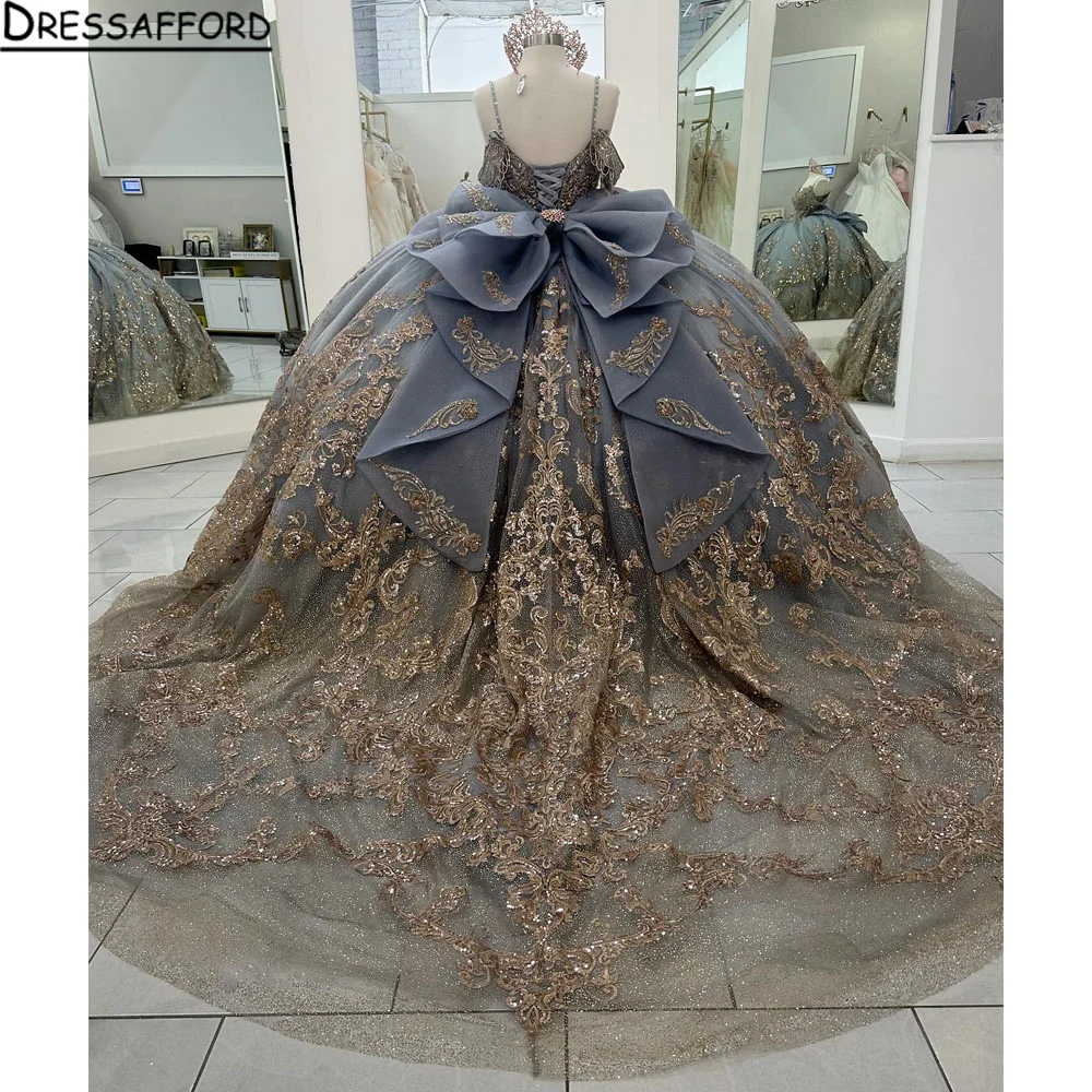 Gray Floral Applique Quinceanera Dresses Graduation Ball Gown With Bow Beads vestidos de 15 quinceañera Customized