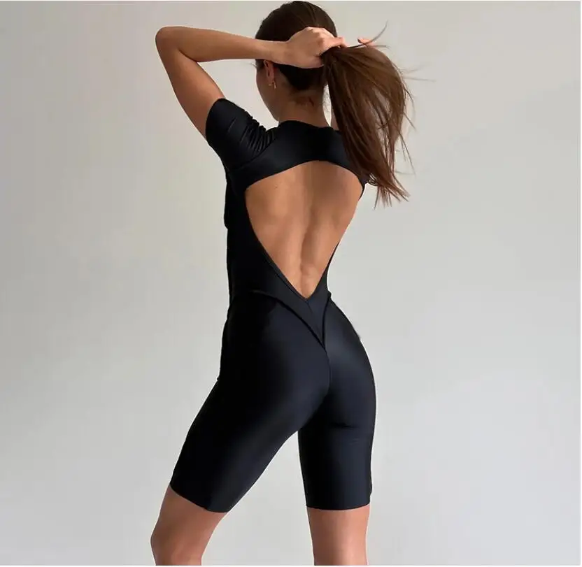 European  American Women's jumpsuit Sexy Casual Short Sleeved Solid Color Backless Slim Fitting Jumpsuit Shorts Ladies Suits