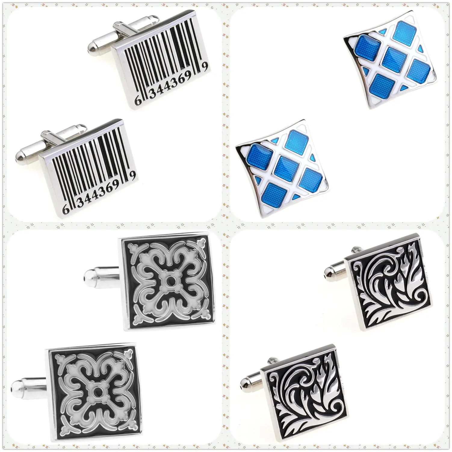 4 Styles TZG Enamel Cufflinks Mens Cuff Links Barcode Flowers 1 Pair