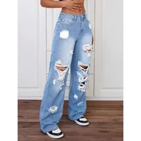 Womens Pants Womens Jeans Trendy Light Blue Distressed Baggy Relaxed Fit Wide Leg Denim 3