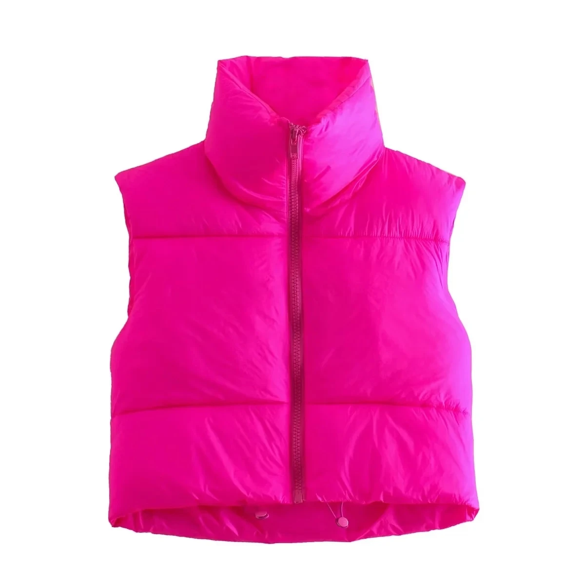 Neon Green Women\'s Vest Warm Padded Sleeveless Jacket Short Coats 2023 Fuchsia Cropped Waistcoat High Neck Puffer Gilet Chic Y2k