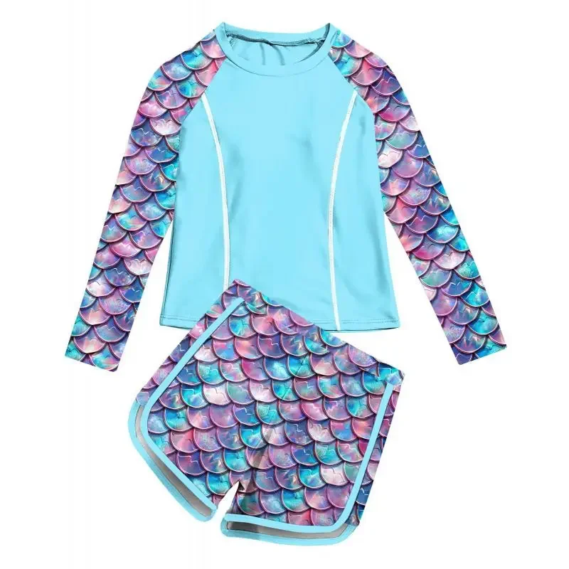 8-14 Years  2pcs Quick Drying Swimwear Long Sleeve Sun Protection Printed Bathing Suit Children Boy Girl Swimsuit Swimming Set