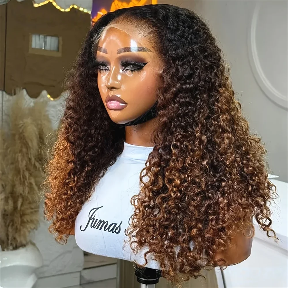 

Soft Long 26Inch Kinky Curly Ombre Brown 180 Density Lace Front Wig For Women With Baby Hair Synthetic Preplucked Glueless Daily