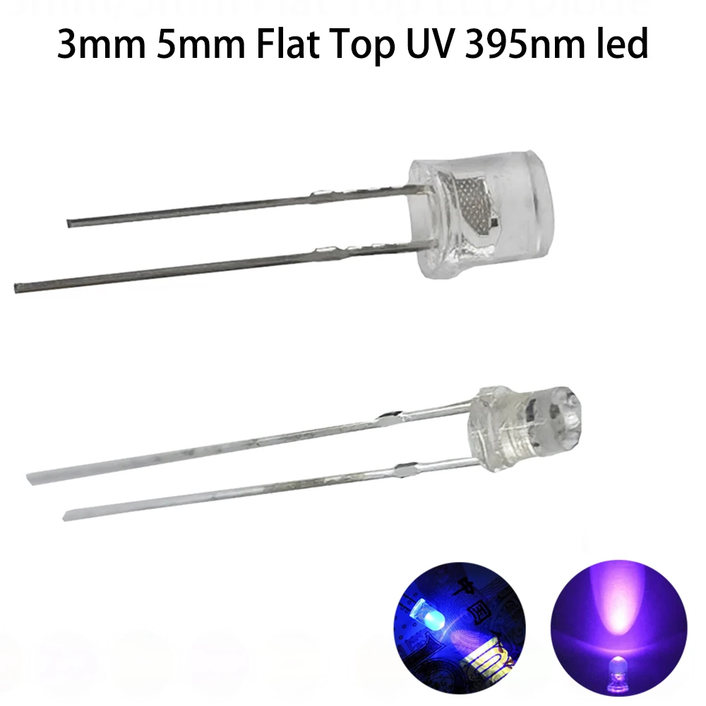 3 мм 5 мм светодиод с плоским верхом, ультрафиолетовый УФ-свет, 395 нм, фиолетовая лампа, 2 контакта, 20 мА, светодиод, 20 мА, лампочка «сделай сам»