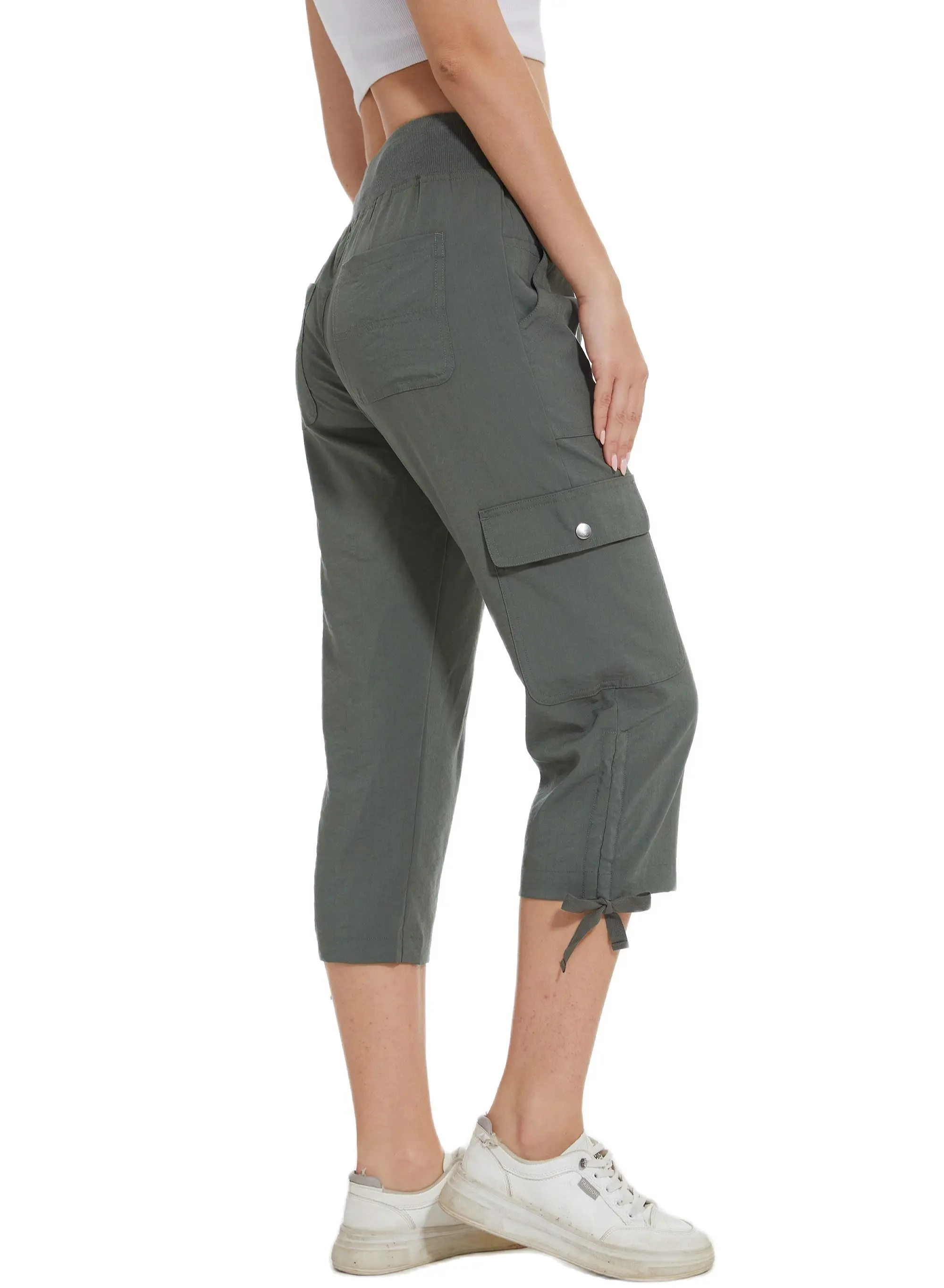 Pantalon capri décontracté en coton et lin pour femme, vêtement de yoga, taille élastique, jambes larges, 7 poches, été