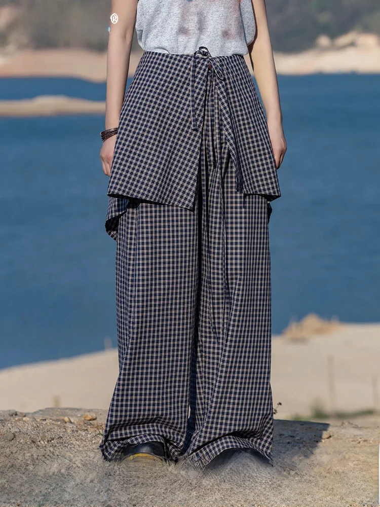 

Saoe Japanese Style Retro Detachable Plaid Skirt Pants Loose Wide Leg Pants Simple Commute Style Natural Waist Elastic Hem