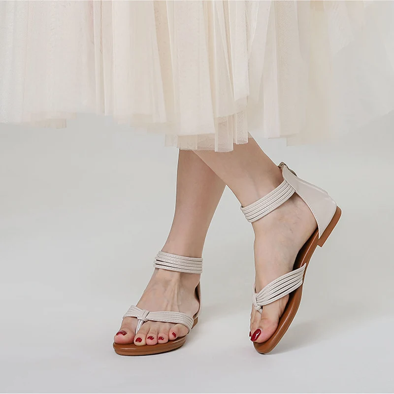 Low Sandals Woman Leather Summer Mid-Calf Strap All-Match Suit Female Beige Women’s Shoes Large Size Low-heeled Gladiator