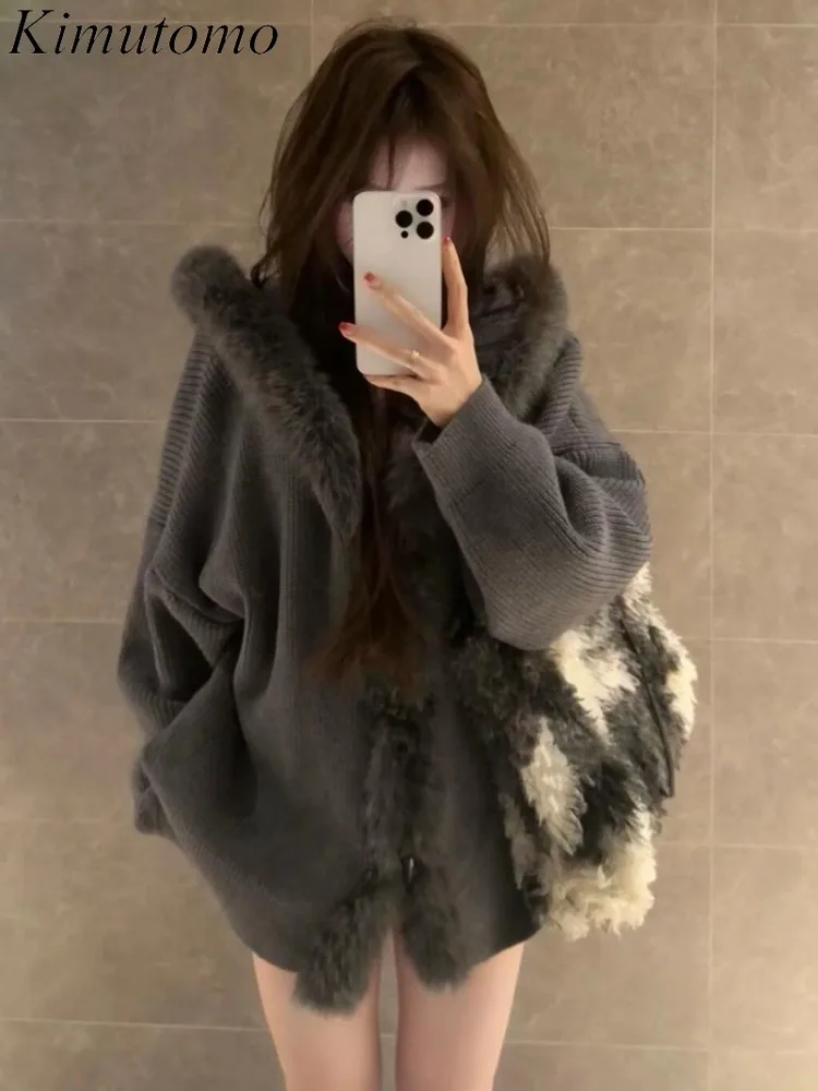 

Kimutomo винтажный вязаный свитер женский пушистый лоскутный осенне-зимний модный свободный элегантный кардиган с капюшоном женский Y2k повседневный