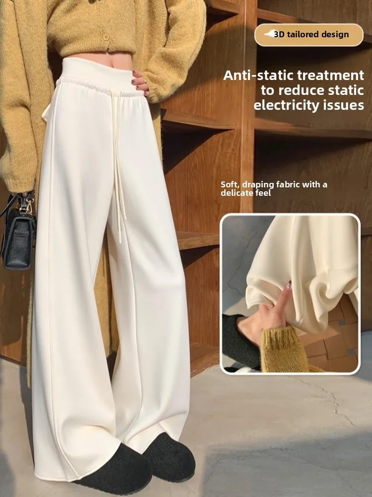 Women's Fce Lined Wide Leg Sports Pants Autumn Winter New Sle Loose Casual Lazy Straight Tube Rice Noodle Pants