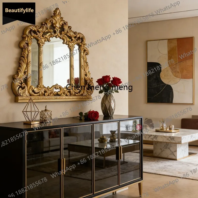 Europäischer Retro-Badezimmerspiegel zum Aufhängen an der Wand, geschnitzter dreiseitiger Schminkspiegel für den Eingangsbereich einer französischen Villa, B567