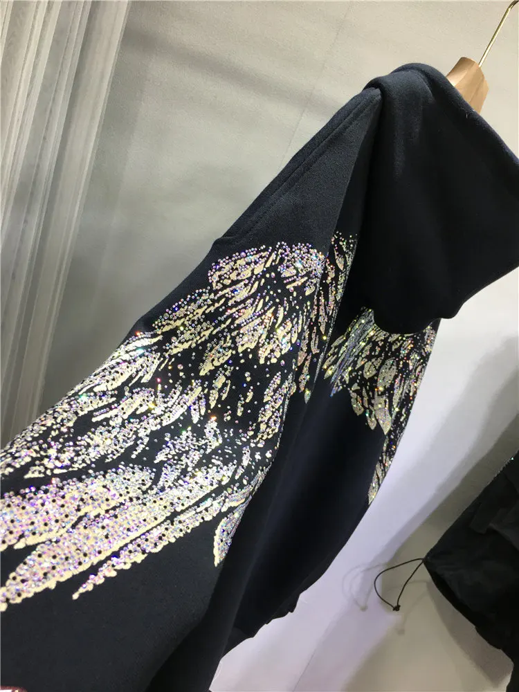 Handsome Luxury Shiny Wings Hot Diamonds Men/women Loose Cardigans Coat Mid-long Hooded Zip Jacket Autumn Long Sleeve Hoodies