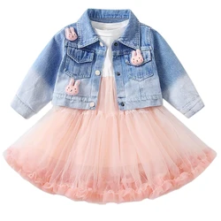 Spring Autumn Little Girls 2pcs Kids Children Denim Dresses Clothing Set Long Sleeve Jacket and Dress Set