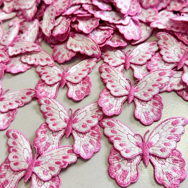 3Pcs 2 Layer Pink Butterfly Embroidered Patches Applique Sewing Clothes Clothing Patch Fabrics For Dress Jackets Decoration DIY