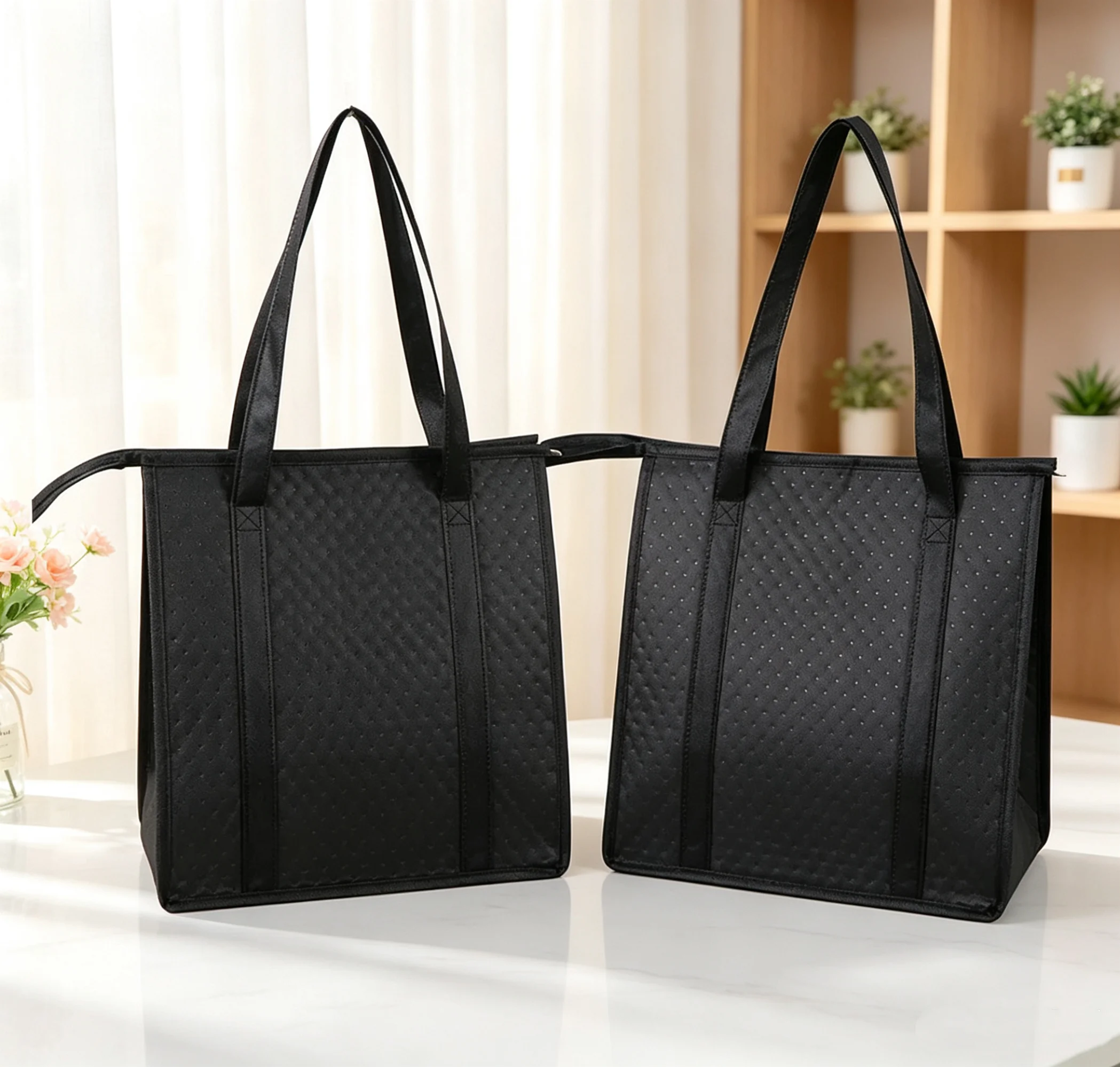 2 insulated shopping bags with aluminum foil lining for supermarkets, lunch bags, and outdoor camping refrigerated tote bags