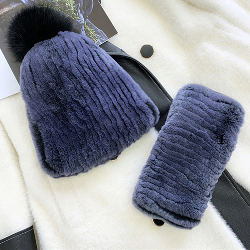 New Good Elastic Girls Natural Fur Scarves Hats Sets Winter Women Warm Real Rex Rabbit Fur Scarf Hat Set Knitted Fur Muffler Cap