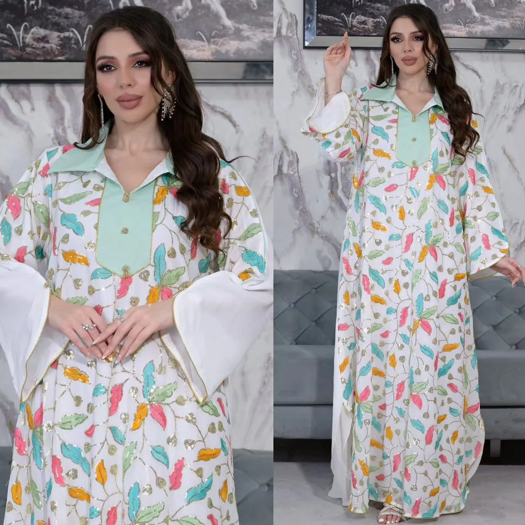

2025 Muslim Beaded Embroidery Women Abaya Ramadan Morocco Long Sleeved V-neck Party Dress Eid Dubai Loose Casual Robes Jalabiya