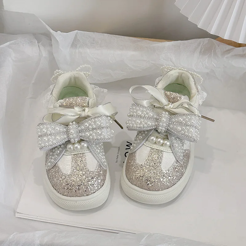 Girls Princess Shoes Sweet Bows Kids Casual Shoes Soft Bottom Non-slip 2026 Brand New Children Sports Fashion Shoes Korean Style