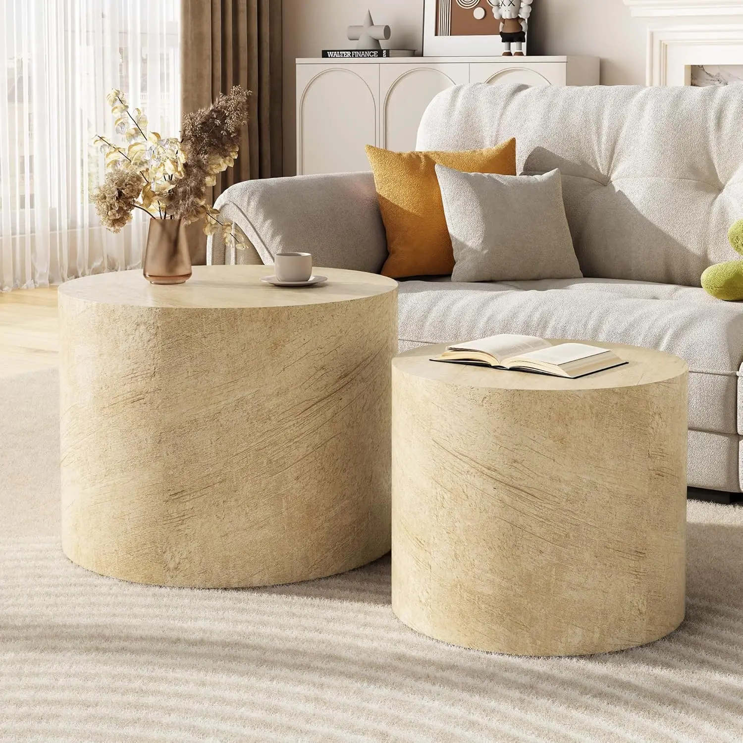 

Beige Round Nesting Coffee Table Set 2 Wooden Non-Slip Modern Accent Small Space Living Room Bedroom Balcony Drum, Customized