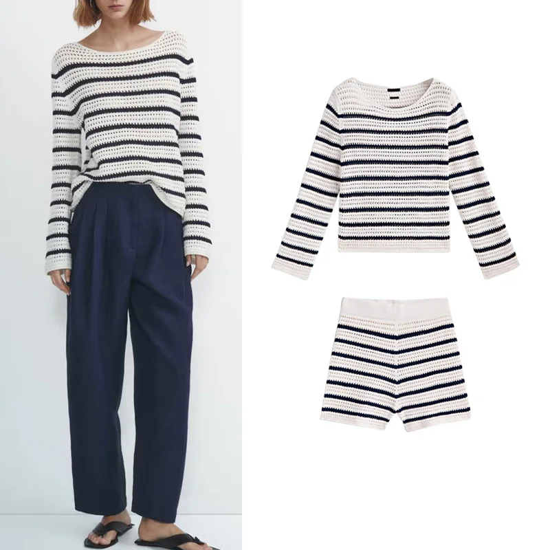 

2024 MD Women's Fashion Set Stripe Short Pants Hook Knitting Hollow out Long Sleeve Lazy Style Top Comfortable Autumn Wear