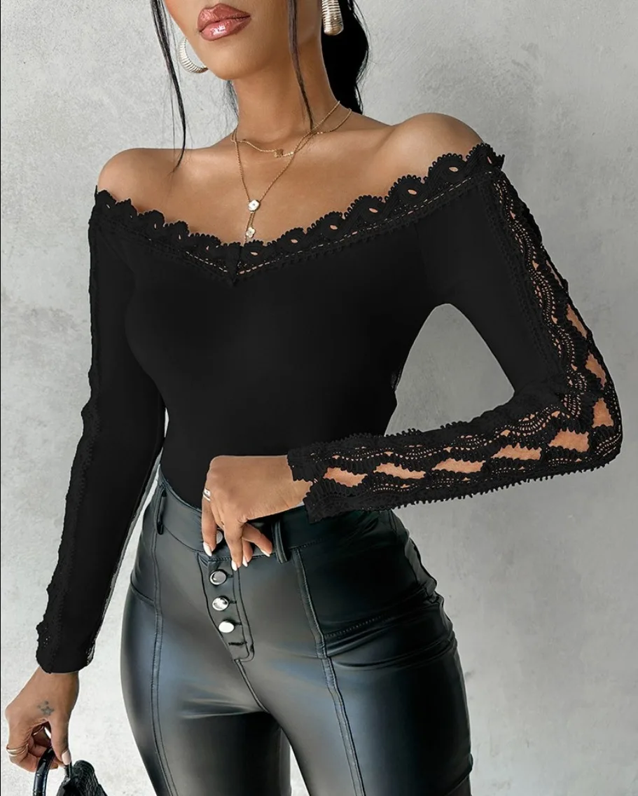 

2024 Fashion Casual Sexy Blouses Spring Autumn Off Shoulder Hollow Out Lace Top Female Clothing TShirts Pullover Tops Shirts