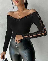 2024 Fashion Casual Sexy Blouses Spring Autumn Off Shoulder Hollow Out Lace Top Female Clothing TShirts Pullover Tops Shirts