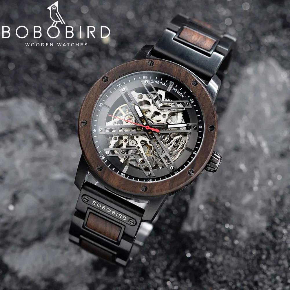 Reloj mecánico automático BOBO BIRD, camiseta nueva, reloj de pulsera de madera para hombres de negocios, relojes grabados personalizados únicos, caja de regalo de Navidad